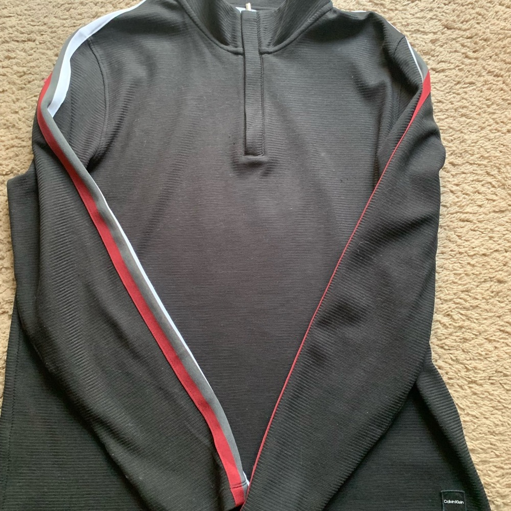 Calvin Klien Liquid Touch 1/4 Zip Black Striped Arm Sweater